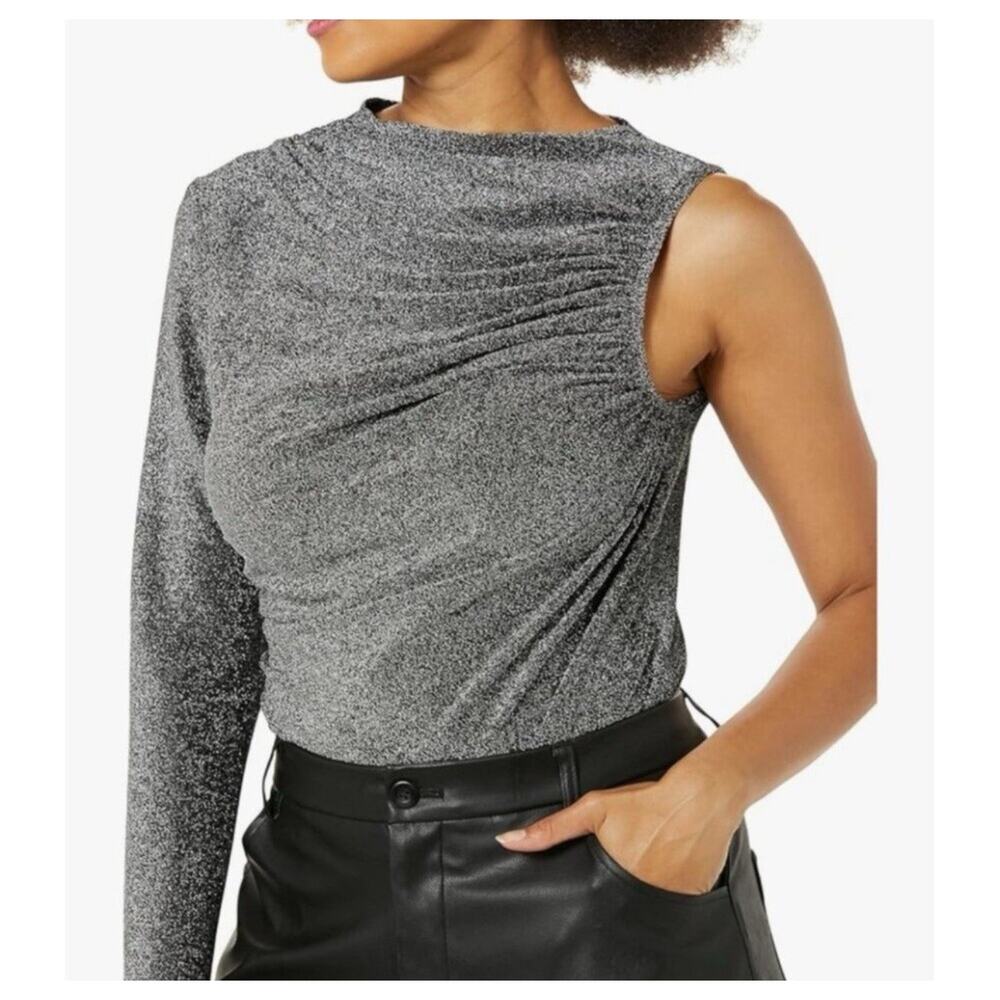 TEREA By Andrea Pitter Emiliana Silver One Shoulder Metallic Ruched Top Medium